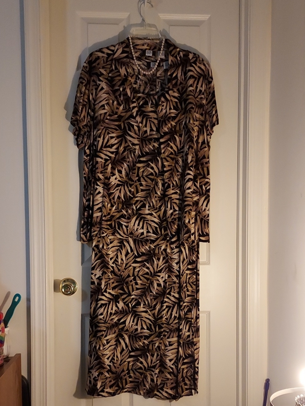 Leaf-Print Midi Dress in Black and Beige